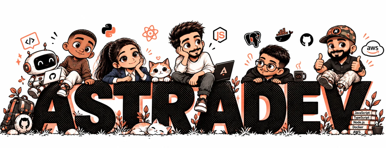 Illustrated AstraDev team sitting on the letters of the AstraDev name, with laptops and tech logos