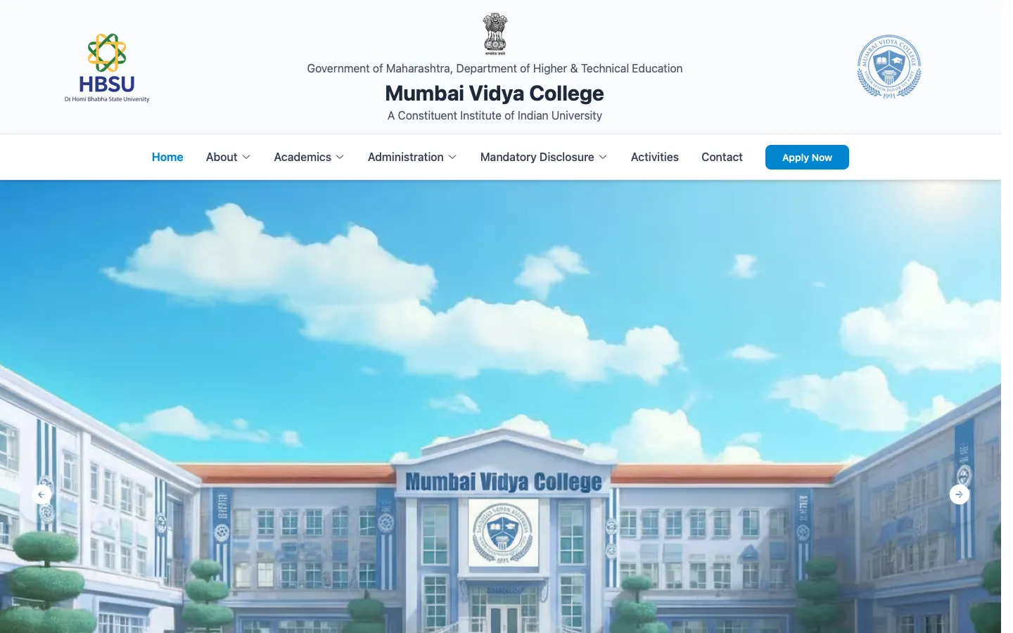 Mumbai Vidya College website on a laptop